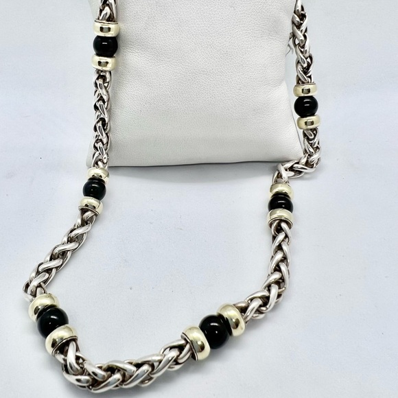 David Yurman 14k Yellow Gold & Sterling Silver Black Onyx Wheat Chain Necklace - Picture 8 of 12